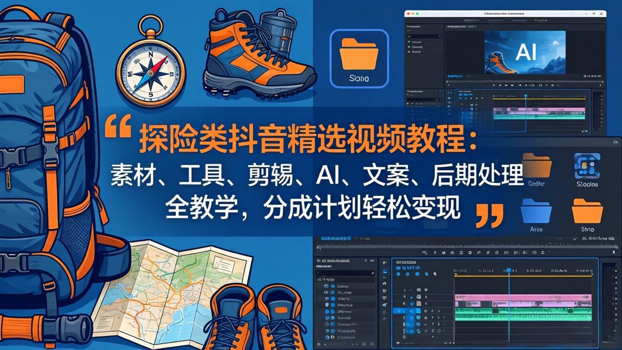 探险类抖音精选视频教程:素材、工具、剪辑、AI、文案、后期处理全教学,分成计划轻松变现-优优云网创