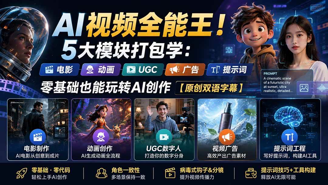 (20048期)AI视频全能王!5大模块打包学:电影、动画、UGC、广告、提示词,零基础也能玩转AI创作【原创双语字幕】-思丰网赚