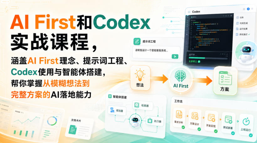 AI First和Codex实战课,涵盖AI First理念、提示词工程、Codex使用与智能体搭建,掌握从模糊想法到完整方案的AI落地能力-思丰网赚