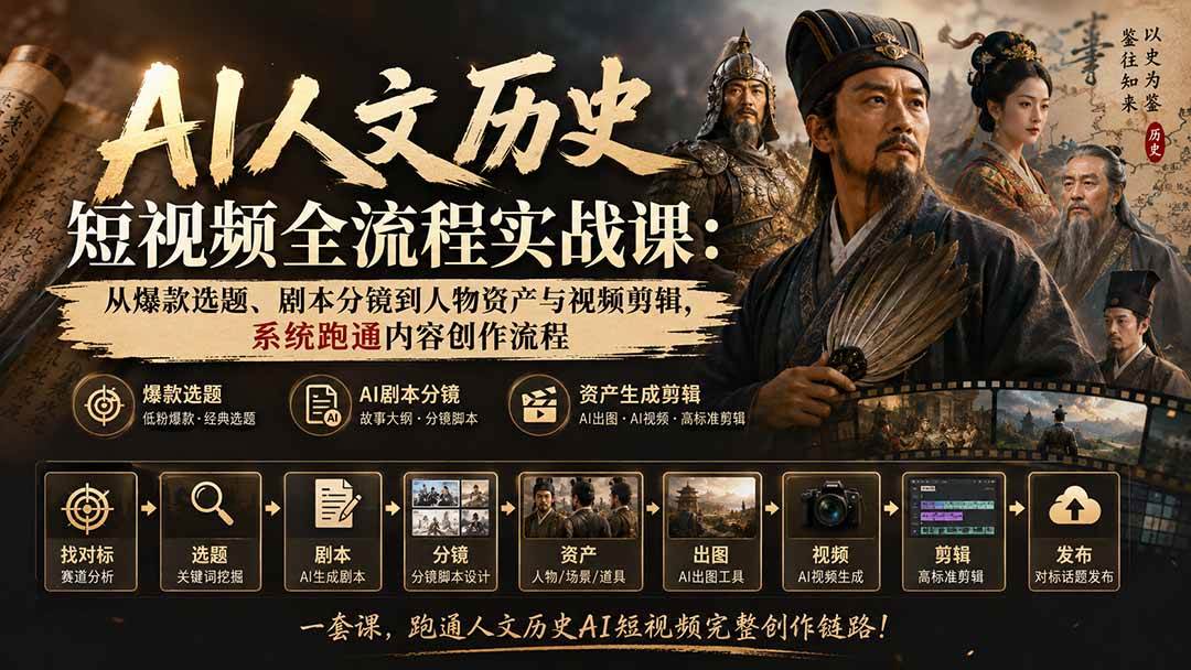 (20074期)AI人文历史短视频全流程实战课:从爆款选题、剧本分镜到人物资产与视频剪辑,系统跑通内容创作流程-思丰网赚