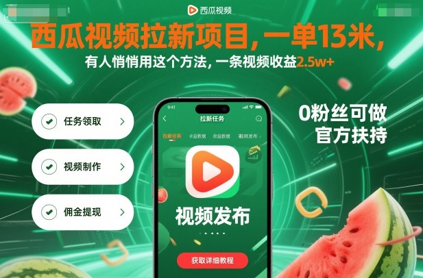 西瓜视频拉新项目,一单13米,有人悄悄用这个方法,一条视频收益2.5w+(附详细教程)-优优云网创