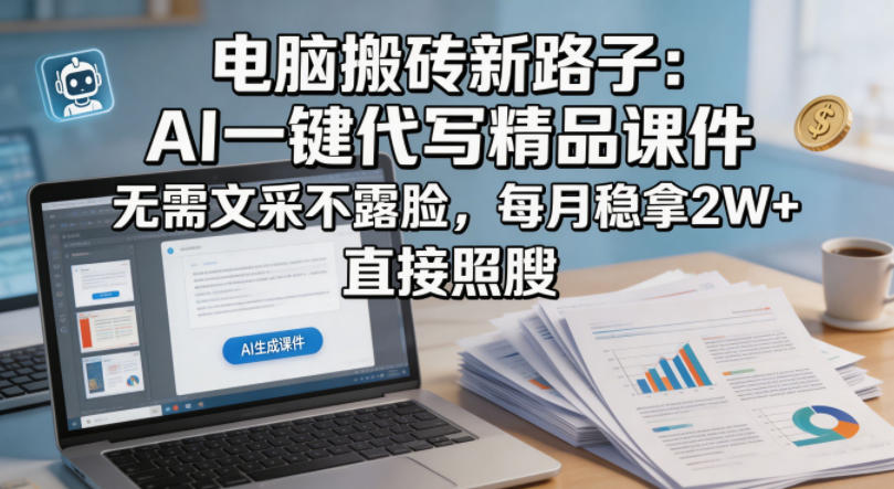 电脑搬砖新路子：AI一键代写精品课件，无需文采不露脸，每月稳拿2W+，直接照搬-优优云网创