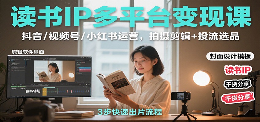 读书IP多平台变现课:抖音/视频号/小红书运营,拍摄剪辑+投流选品-优优云网创