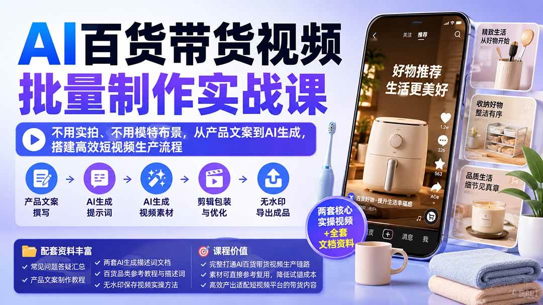 （20179期）AI百货带货视频批量制作实战课：不用实拍、不用模特布景，从产品文案到AI生成，搭建高效短视频生产流程-思丰网赚