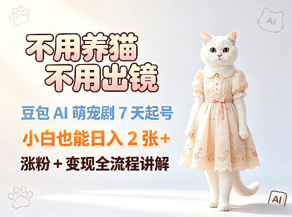 不用养猫不用出镜,豆包AI萌宠剧7天起号,小白也能日入2张+,涨粉+变现全流程讲解-优优云网创