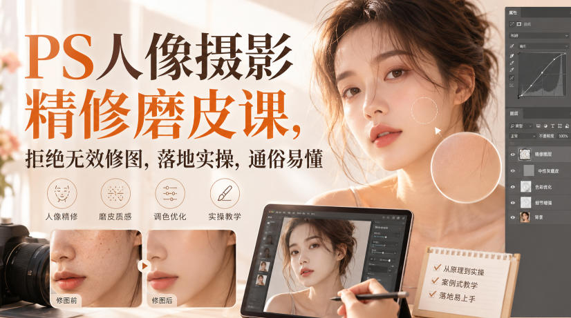 PS人像摄影精修磨皮课,拒绝无效修图,落地实操,通俗易懂-思丰网赚