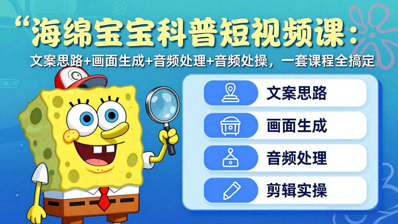 海绵宝宝科普短视频课:文案思路+画面生成+音频处理+剪辑实操,一套课程全搞定-优优云网创