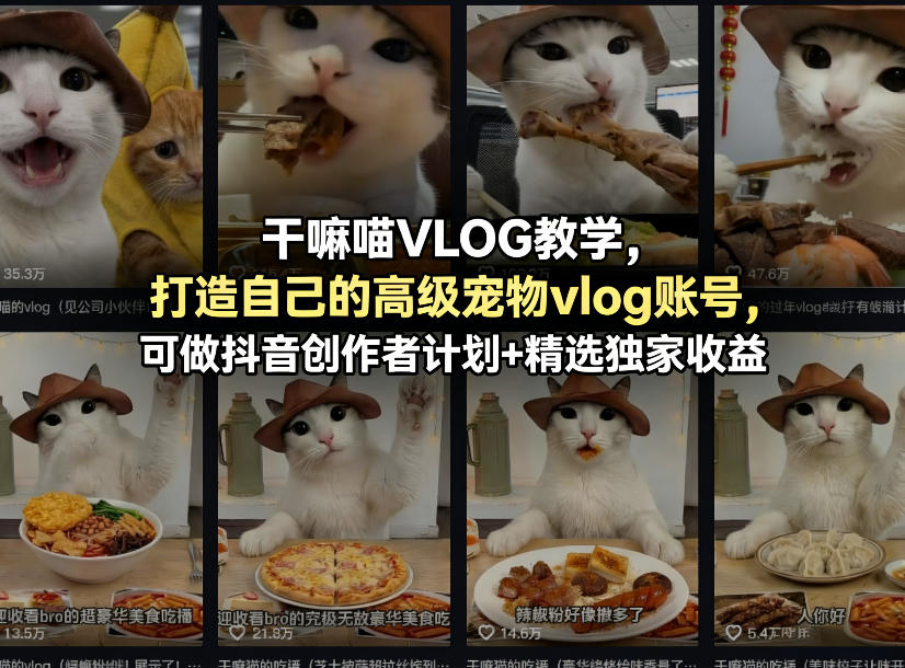 干嘛喵VLOG教学,打造自己的高级宠物vlog账号,可做抖音创作者计划+精选独家收益-优优云网创