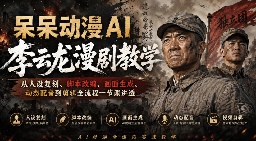 呆呆动漫AI李云龙漫剧教学，从人设复刻、脚本改编、画面生成、动态配音到剪辑全流程一节课讲透-思丰网赚