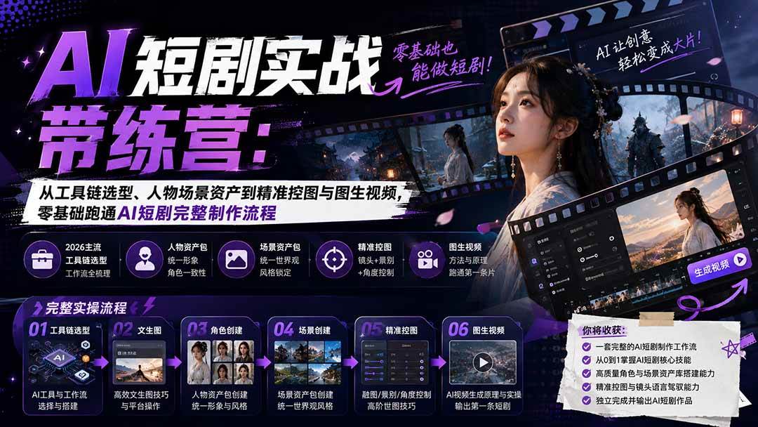 (20064期)AI短剧实战训练营:从工具链选型、人物场景资产到精准控图与图生视频,零基础跑通AI短剧完整制作流程-思丰网赚