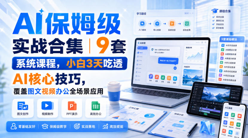 AI保姆级实战合集｜9套系统课程，小白3天吃透AI核心技巧，覆盖图文视频办公全场景应用-思丰网赚