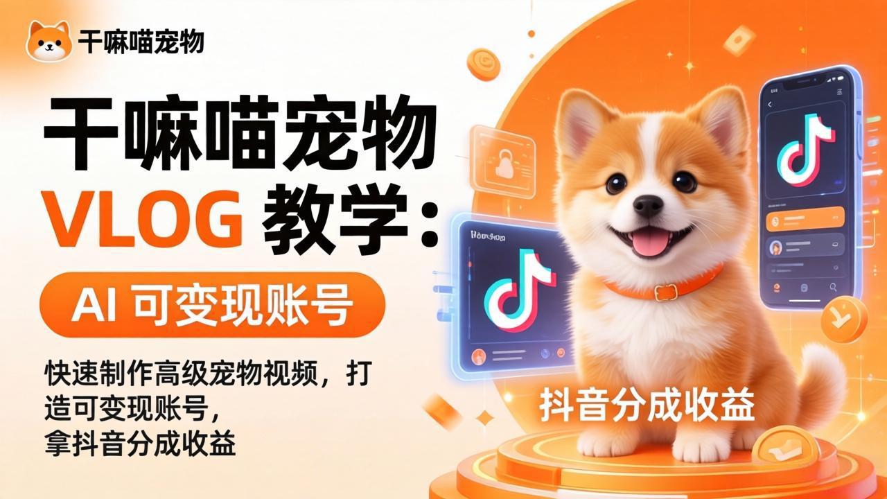 干嘛喵宠物 VLOG 教学:AI 快速制作高级宠物视频,打造可变现账号,拿抖音分成收益-优优云网创