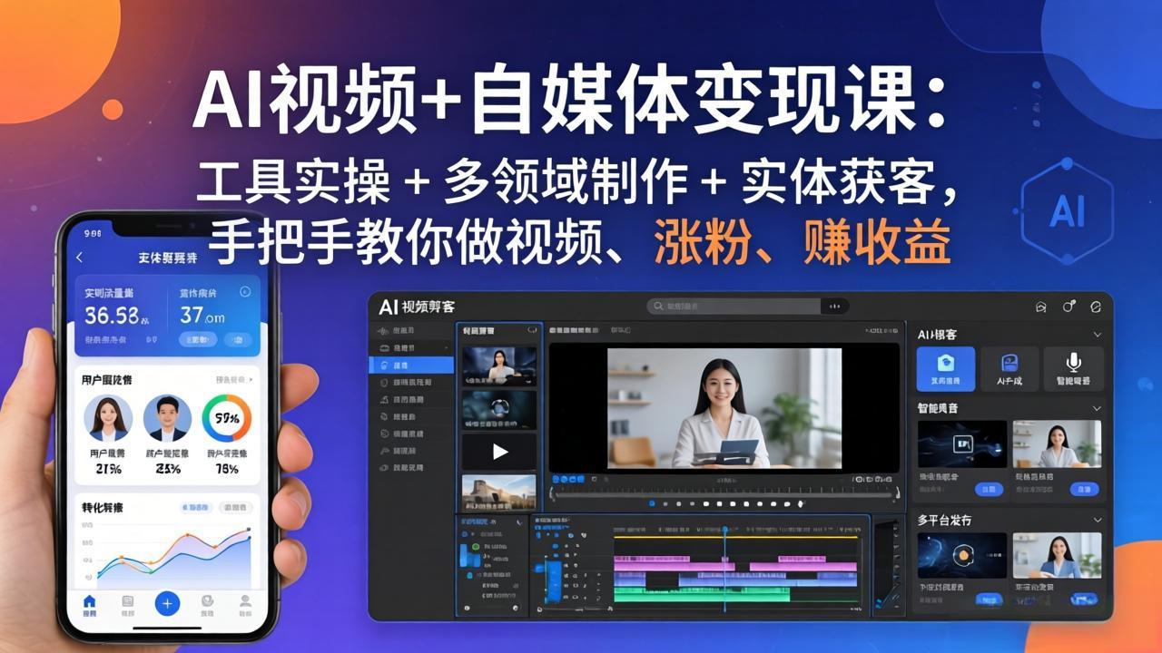 AI视频+自媒体变现课:工具实操 + 多领域制作 + 实体获客,手把手教你做视频、涨粉、赚收益-优优云网创