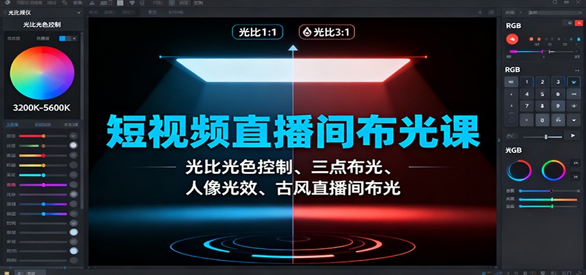 短视频直播间布光课:光比光色控制、三点布光、人像光效、古风直播间布光-优优云网创