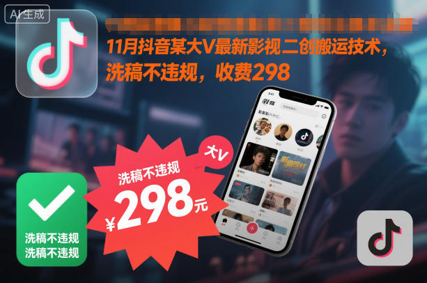 11月抖音某大V最新影视二创搬运技术,洗稿不违规,收费298-优优云网创