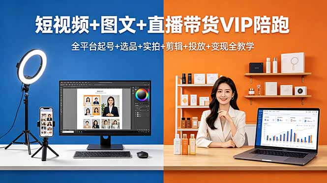 短视频+图文+直播带货VIP陪跑,全平台起号+选品+实拍+剪辑+投放+变现全教学-优优云网创
