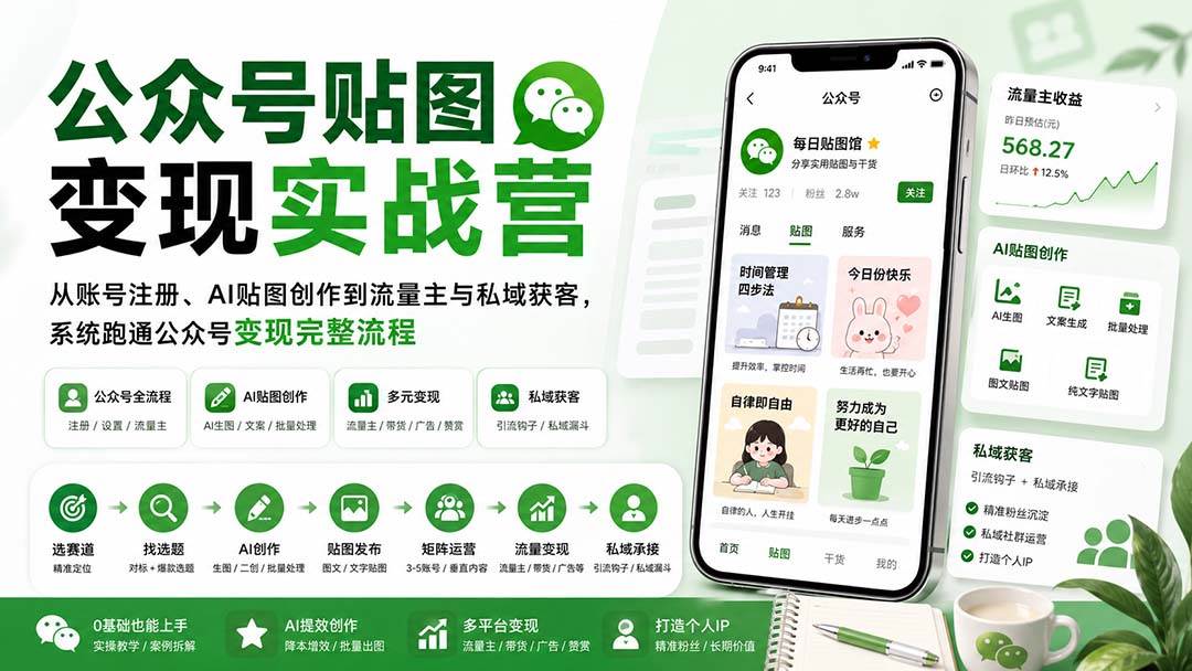 （20120期）公众号贴图变现实战营：从账号注册、AI贴图创作到流量主与私域获客，系统跑通公众号变现完整流程-思丰网赚