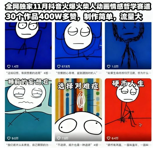 全网独家11月抖音火爆火柴人动画情感哲学赛道，30个作品400W多赞，制作简单，流量大【教学+素材】-优优云网创