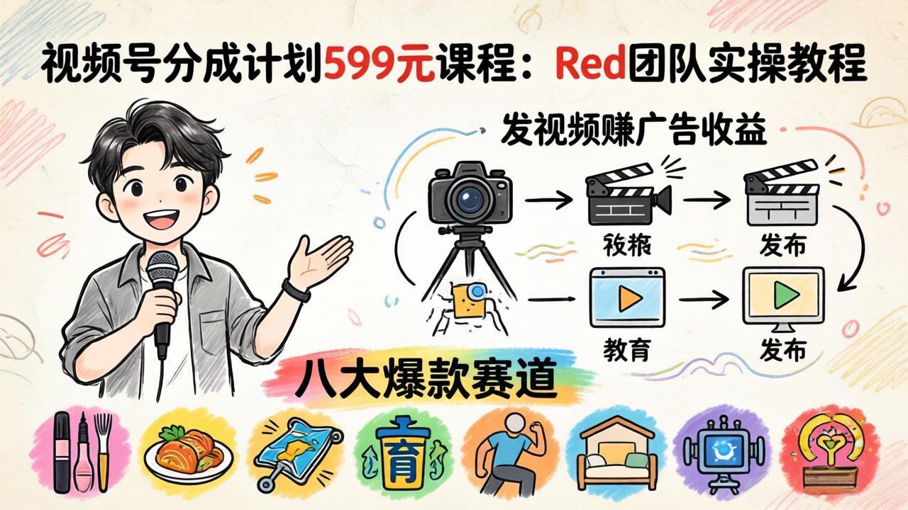 视频号分成计划599元课程:Red团队实操教程,发视频赚广告收益,八大爆款赛道全掌握-优优云网创