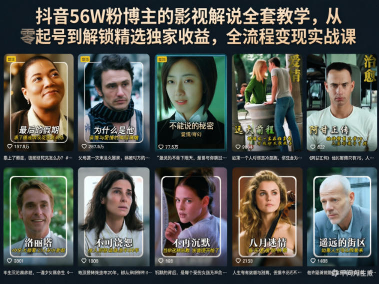 抖音56W粉博主的影视解说全套教学，从零起号到解锁精选独家收益，全流程变现实战课-优优云网创