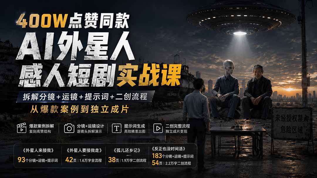 (20052期)400W点赞同款AI外星人感人短剧实战课:拆解分镜+运镜+提示词+二创流程,从爆款案例到独立成片 (20052期)400W点赞同款AI外星人感人短剧实战课:拆解分镜+运镜+提示词+二创流程,从爆款案例到独立成片