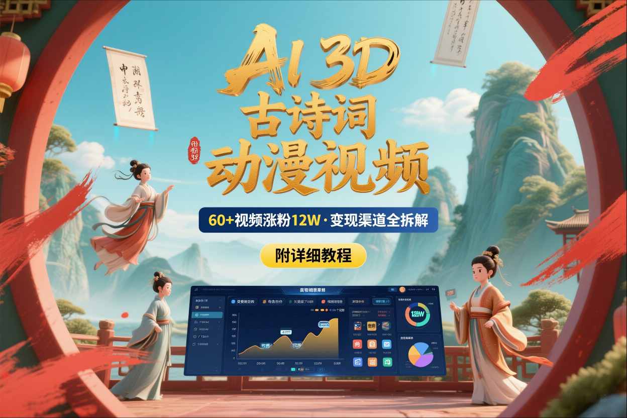 AI制作3D古诗词动漫视频,60多个视频涨粉12W,多个变现渠道拆解【附详细教程】-优优云网创