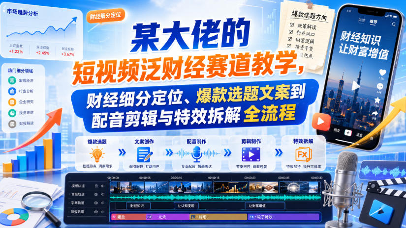 某大佬的短视频泛财经赛道教学，财经细分定位、爆款选题文案到配音剪辑与特效拆解全流程-思丰网赚