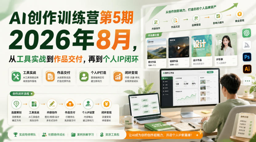 AI创作训练营第5期2026年8月,从工具实战到作品交付,再到个人IP闭环-思丰网赚